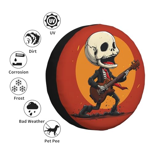 Image of Skeleton Playing Guitar Spare Tire Cover, Universal Wheel Tire Cover Funny Skull Skeleton Tire Protectors for Trailer RV SUV Truck Camper 14 Inch