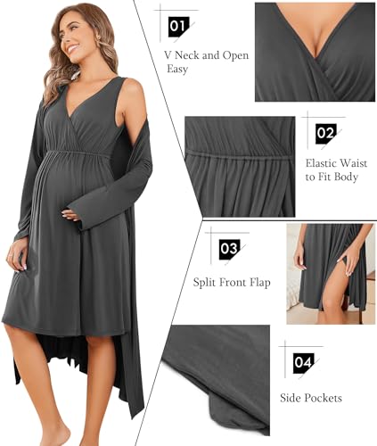 Image of Ekouaer Maternity Nursing Gown and Robe Set Labor Delivery Nursing Nightgowns for Breastfeeding Pregnancy Clothes