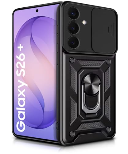 Image of WOW IMAGINE Tough Armor Bumper Mobile Back Case for Samsung Galaxy S26 Plus 5G | Sliding Camera Cover | Shock Proof 360 Protection | Hybrid PC + TPU | Ring Holder with Kickstand - Black