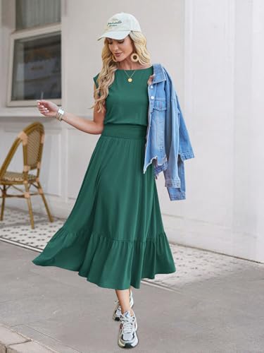 Image of Kikibell Womens Summer Dresses Cap Sleeve Elastic Waist Midi Dress with Pocket Long Causal Sundress Beach Vacation Outfits