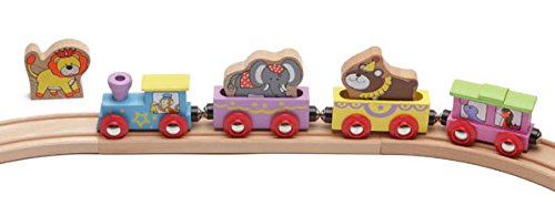 Maxim Enterprise, inc. Kids Circus Train with Steam Engine, 2 Cars, Caboose, 3 Wooden Animals, Colorful Hardwood Railway Set with Easy Magnetic Connectors, Sensory Learning Toy Train