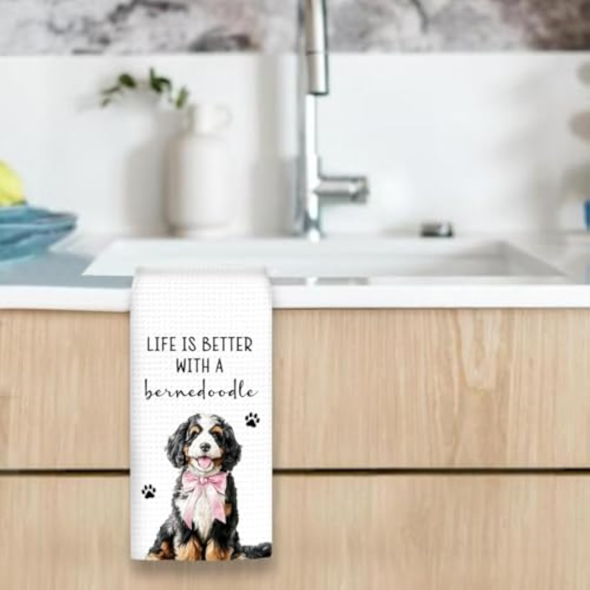 Bernedoodle Gifts Dog Kitchen Towels with Pink Bow
