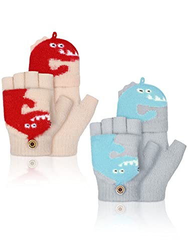 SATINIOR 2 Pairs Winter Kids Fingerless Gloves Toddler Finger Mittens Knit Convertible Half Finger Mitten Flap Aged 3-10(Mud Yellow, Light Blue,Dinosaur)