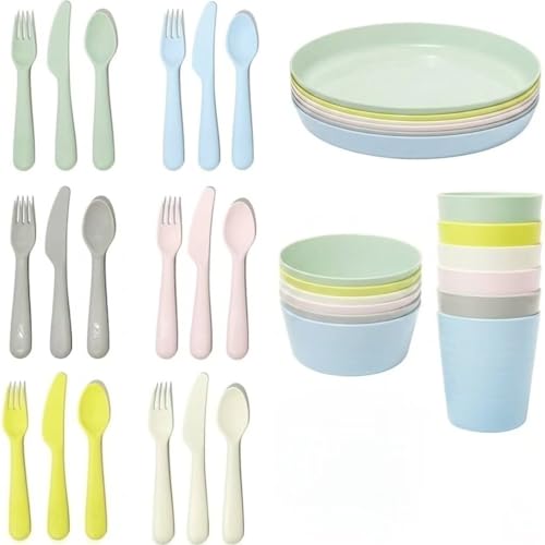 36pc Plastic Kalas Set Pastel Multicolour Tableware Set Plates Bowls Cups and Cutlery Mixed Colours