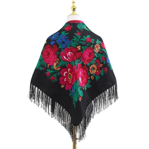 Women's floral fringed shawl for autumn and winter. Black, white, blue multi-color retro style headscarf.2