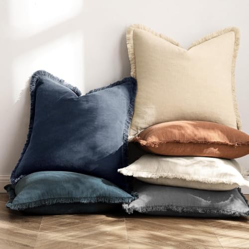 Image of MIULEE Linen Fringe Decorative Euro Throw Pillow Covers Indigo Blue 22x22