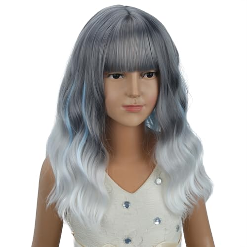 Image of PATTNIUM Girls Gray Ombre White Short Wavy Curly Wig with Bangs Kids Grey Ombre Bob Wigs Synthetic Halloween Costume Cosplay Party Wigs