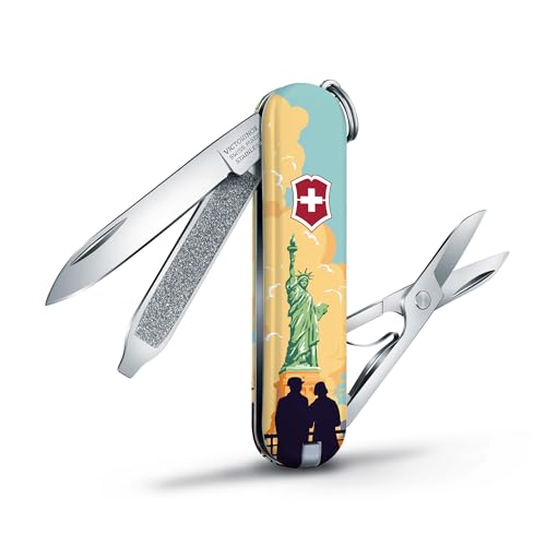 Image of Victorinox Classic SD Swiss Army Knife, Statue of Liberty National Park | 7-Function Swiss Mini Knife, Small Blade, Nail File, Screwdriver, Key Ring, Swiss Made, Compact EDC for Keys and Bags