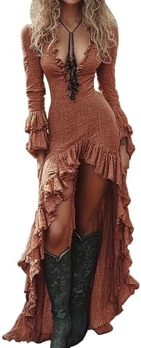 Women's Sexy Deep V Long Sleeve Western Dress Fall Casual Asymmet...