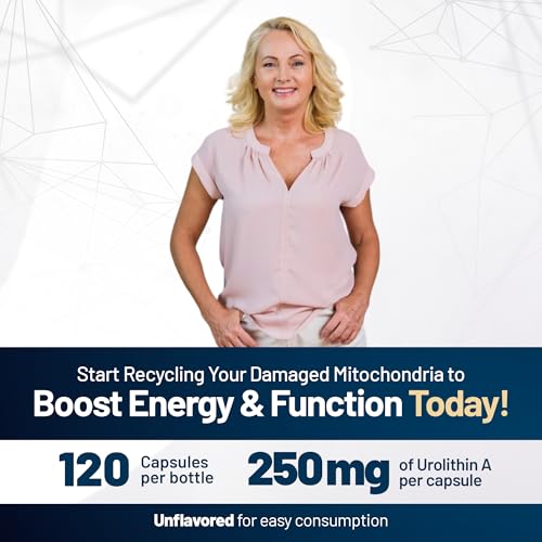 Image of Premium Urolithin A Supplements 250 mg - Maximum Strength Cellular Energy Support - NAD+, Vegan Anti-Aging Formula. Supplements for Women Men - 120 Capsules