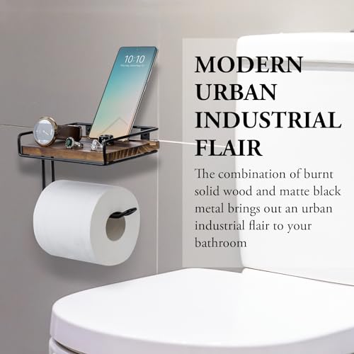 Mygift BATH2656BRN Wall Mounted Industrial Matte Black Metal Wire Bathroom Toilet Paper Roll Holder And Rustic Burnt Solid Wood Storage Shelf thumb #2