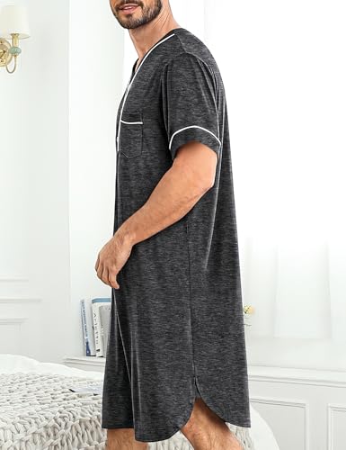 Image of SWOMOG Mens Nightgown Short Sleeve Lounge, Sleep Henley Shirt Pajama Big & Tall Nightshirt Comfy Nightwear M-3XL