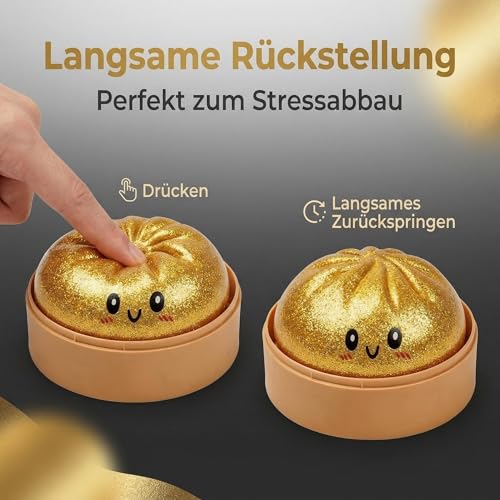 Dumpling Squishy,Squishy Dumpling Dumpling Fidget Toys, Anti Stress Spielzeug, Lustige Groß Glitzer Bao Bun Quetschball für Kinder und Erwachsene (Gold)