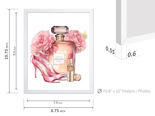 Image of Poster Master Pink Designer Print - Fashion Poster - Shoes, Lipstick & Perfume Art - Chic Gift for Women & Fashionista - Glam Decor for Bedroom or Girl's Room - 8x10 White Framed