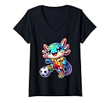 Womens Cute Axolotl Soccer Player Women Men Kids Funny Axolotl V-Neck T-Shirt