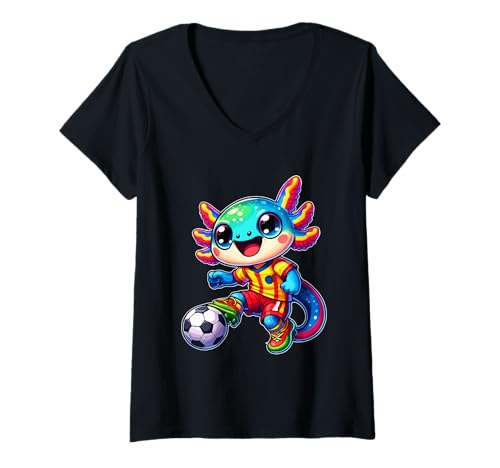 Womens Cute Axolotl Soccer Player Women Men Kids Funny Axolotl V-Neck T-Shirt