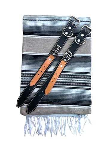 BLACK MOTORCYCLE BELT WITH BLANKET, BLANKET HOLDER, BIKER, MEXICAN,HAND MADE, REAL LEATHER, INCLUDES SARAPE, MOTORCYCLE, BIKE, BIKER, BEIGE MIX BLANKET2
