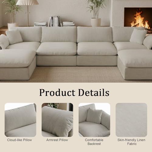 Image of 211.6 inch Cloud Modular Sectional Sofa,Light Beige Down Filled Sofa 5 Seat,Minimalist Sofa Cover Washable and Replaceable Couches for Living Room,Sectional Sofa Deep Seat