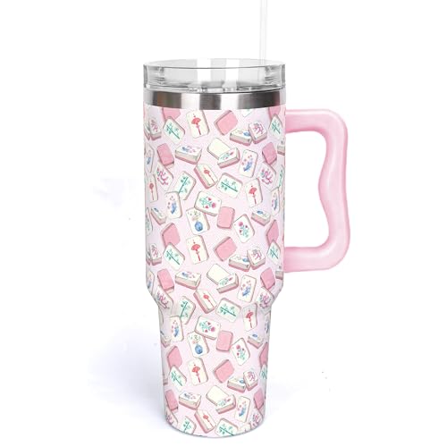 Whaline 40oz Pink Mahjong Tumbler with Handle Straw and Lid Travel Tumbler Coffee Cup for Women Friend Holiday Birthday