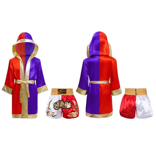 Kids Boys Boxing Kickboxing Outfit Long Sleeve Color Block Satin Hooded Cloak with Metallic Belt Boxer Shorts Set3