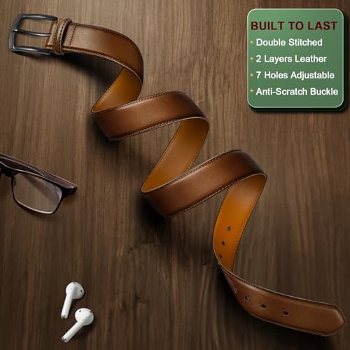 Image of BULLIANT Men Belt 2Pack-Leather Belt 7Holes Comfortable For Men's Dress Casual Jeans 1 3 /8 inch