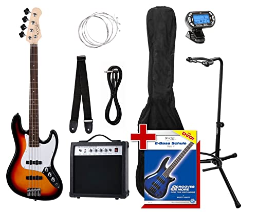 Rocktile Paquet JB Basse Électrique Set III Sunburst + Accordeur à Clipser + Stands de Guitare - Les Beatles, Paul McCartney, John Lennon, RIngo Starr, George Harrison Rocktile Paquet JB Basse Électrique Set III Sunburst + Accordeur à Clipser + Stands de Guitare
