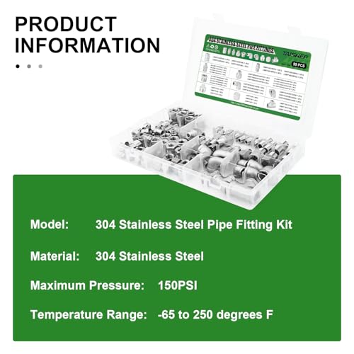 TAISHER 99PCS 304 Stainless Steel Pipe Fitting Kit，Coupling，Nipple，Bushing，Reducer Adapter，Reducer Nipple，90 Degree Elbow，Plug，Cap，Tee，NPT Thread Pipe Adapter Fitting - Thumbnail 4