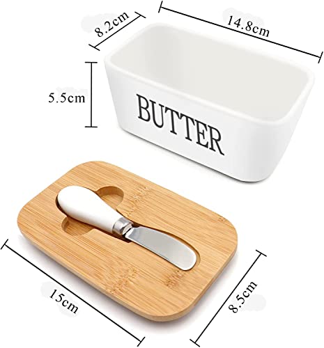 Burriera per burro da 250 g, con coperchio in legno, contenitore in ceramica di alta qualità con guarnizione in silicone, colore bianco - immagine 3