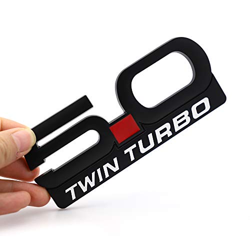 Image of 2X 5.0 Twin Turbo Emblem Decal Replacement for F150 Mustang GT Billet Coyote 5.0 Supercharged T Metal Fender Trunk Badge Nameplate Sticker Decorative (Black)