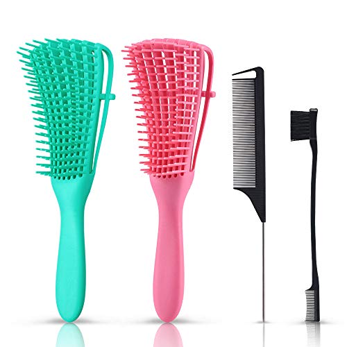 Detangling Brush Set, with Edge Brush for Baby Hair & Rat Tail Comb, 2 Pcs Hair Detangler Brush for Afro 3a to 4c Natural Wet Dry Hair, Easy Fast Detangling Without Pulling Kid Friendly, Easy to Clean