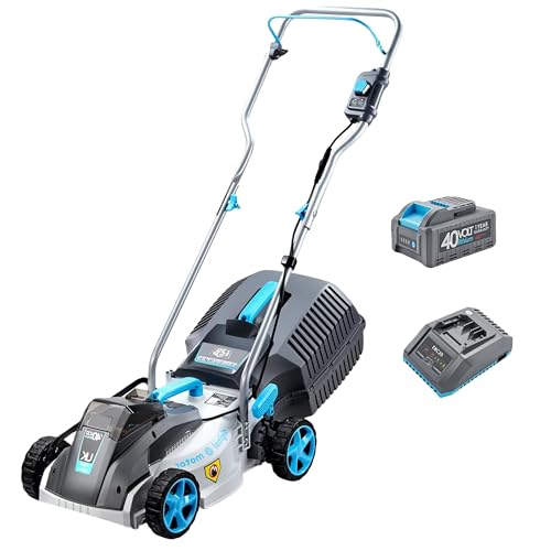 RB 40V 13-Inch Brushless Cordless Lawn Mower with 4.0Ah Lithium Battery & Fast Charger, 2-in-1 Lightweight Mower for Small Yards, Foldable Handle, 5 Cutting Height Adjustments