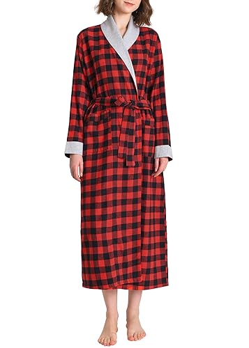 Latuza Women's Plaid Flannel Robe Long Cotton Bathrobe with Pockets