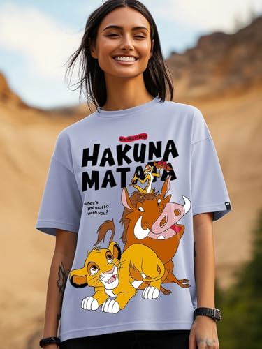 Image of Bewakoof X Disney Hakuna Matata Women's Cotton Graphic Print Oversized Fit Half Sleeve Round Neck T-Shirt | Casual wear | Streetwear | Oversized Tshirt for Woman Cotton| Baggy