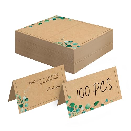 100 Cartes de placement en papier Kraft, petites cartes pliantes avec un design de plantes vertes, cartes de places délicates, cartes vierges pour noms et cartes d'accompagnement pour réceptions