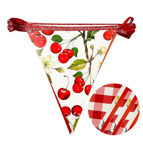 Image of Cherry Party Decorations Red Plaid Floral Cherries Pennant Banner Flag Hanging Paper Triangle Bunting for Birthday Wedding Bridal Shower Engagement Bachelorette Party Decorations Supplies
