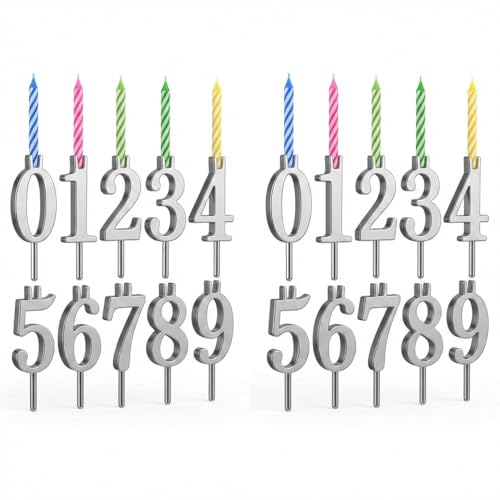 20 Pack (2 Sets) Reusable Silver Number Birthday Cakes Candle Holder Set - Metal Candle Holders Stand - Cake Topper Decorations
