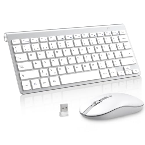 Teclado y ratón inalámbricos, PINKCAT 2.4G Set de Teclado Ultrafino y ratón ergonómico silencioso con 12 accesos directos Multimedia para Ordenador, PC, Tableta, Ordenador de sobremesa (Plateado)