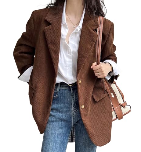 Image of chouyatou Womens Retro Loose Fit Corduroy Blazer Jacket Notch Lapel Single Breasted Fall Dressy Work Coat (Small,Brown)