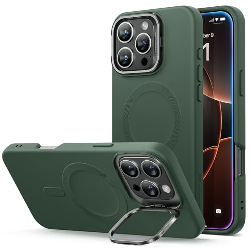 Image of ESR for iPhone 16 Pro Max Case, Silicone Case with Stand, Compatible with MagSafe, Built-in Camera Stash Stand, Magnetic Phone Case for iPhone 16 Pro Max, Cloud Series, Green