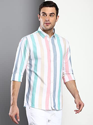 Image of Dennis Lingo Men's Striped Slim Fit Oxford Cotton Casual Shirt with Spread Collar & Full Sleeves