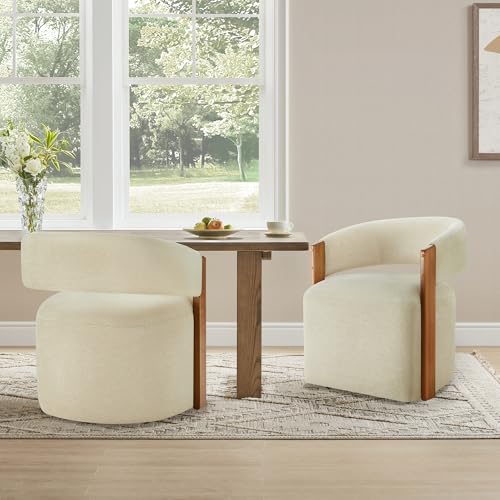 Image of KISLOT Upholstered Dining Chairs Set of 2, Modern Rolling Dining Chairs with Hidden Casters, Wooden Arm Kitchen Chairs with Linen Look Fabric, Padded Barrel Chairs for Dining Room, Kitchen, Sand