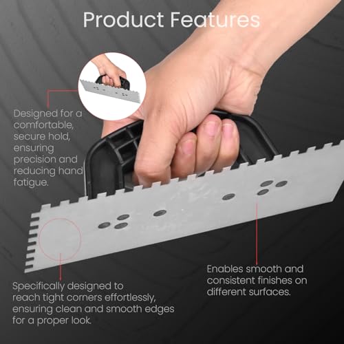 Image of The Decor Co. 9.1 inch x 4 inch Trowel with Heavy Duty Notched Blade Beveled Edge & Non-Slip Wooden Handle Grip Wall Hand Level Tools for Plastering Cement Finishing Putty (Pack of 1)