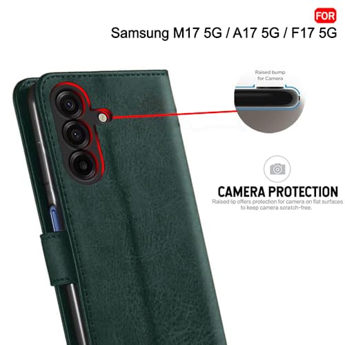 Image of TheGiftKart Flip Cover Back Case for Samsung Galaxy M17 5G / A17 5G / F17 5G | Genuine Leather Finish | Designer Button | Inbuilt Pockets & Stand | Flip Cover Back Cover Case (Faux Leather, Green)