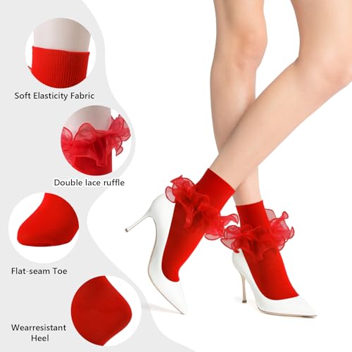 Image of Women Big Ruffle Ankle Socks Adult Double Lace Frilly Socks Fold Cuff Cotton Ruffled Dress Crew Bobby Bride Sock
