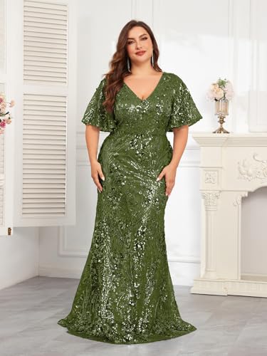 Image of Plus Size Glamous Short Sleeves Womens Sequin Dress Formal Gowns Evening Glitter Mermaid Prom Dress