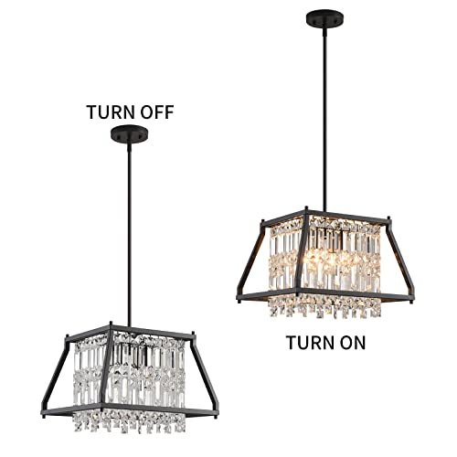 Image of LMQNINE Farmhouse Chandelier - Black Metal Crystal Pendant Light for Kitchen, Dining, Living Room - Flat & Inclined Ceiling (Trapezoid -15.74in)