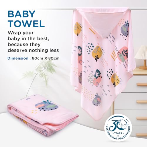 Image of Mee Mee Hooded Baby Bath Towel for New Born | Wash Cloth, Quick Absorbent, Can be Used for Baby Swaddling, Extra Soft Cotton Towels for Kids /Toddlers /Infants /Babies, Pack of 1, (Pink Rain) 80X80 CM