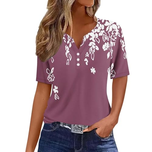 Ceboyel Women Floral Boho Summer Tops 2024 Short Sleeve Henley Shirts V Neck Blouses Tunic Trendy Fashion Vacation Clothes Petite Tops for Women Wine L