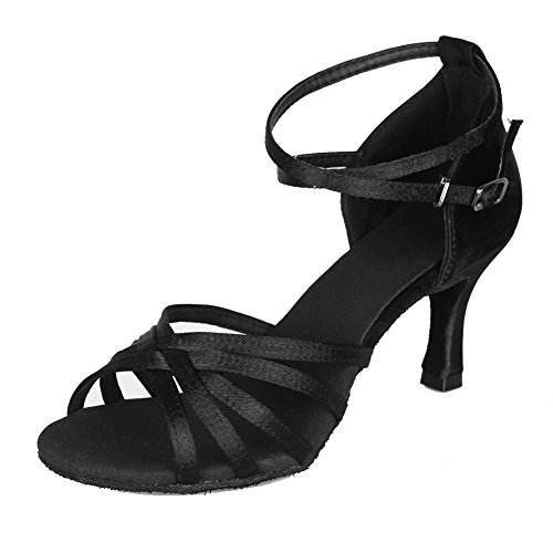 HIPPOSEUS Zapatillas de Baile Latino para Mujer/Satén/Altura del tacón 7CM,ES213-7,Negro Color,EU 36
