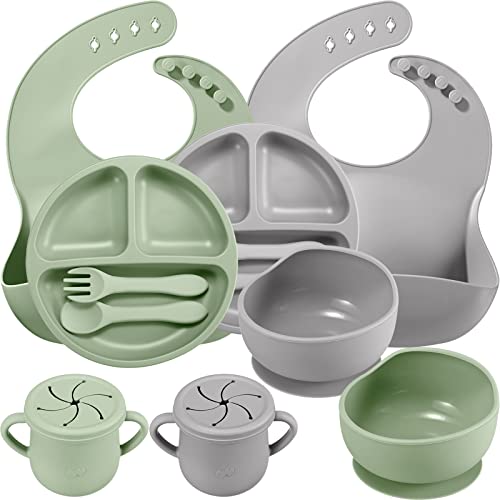 Image of 2 Set Baby Feeding Supplies, Silicone Baby Led Weaning Feeding Supplies with Suction Bowl Divided Plate Adjustable Bib Soft Spoon Fork Utensil (Army Green, Grey)